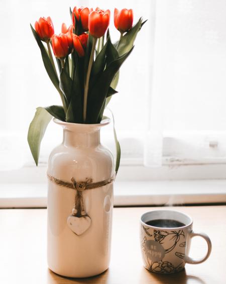 Red Tulips Flowers in White Ceramic Vase Beside Cup of Coffee