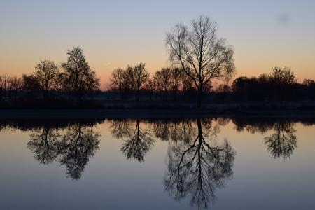 Reflection of Silhouette Trees in Lake Against Sky at Sunset