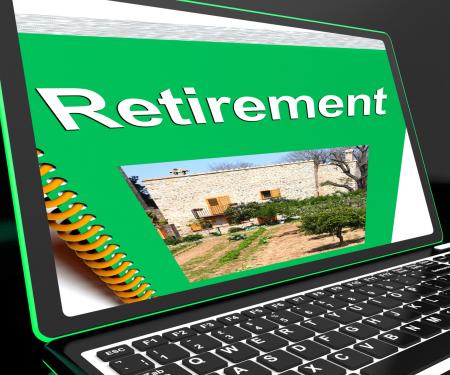 Retirement Book On Laptop Showing Pension Plans