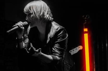 Rock Band Lead Singer Wearing Black Jacket and Wireless Microphone