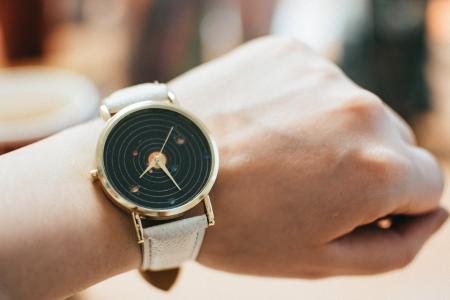 Round Gold-colored Black Analog Watch With Grey Leather Band