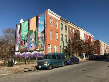 Rowhouses and mural, 200 block of E. 22nd Street, Baltimore, MD 21218