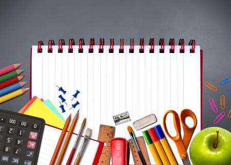 School supplies on notebook - Study and learning concept