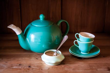 Set turquoise cups, sugar and teapot