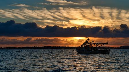 Silhouette Photo of Boat on Ocean during Golden Hour