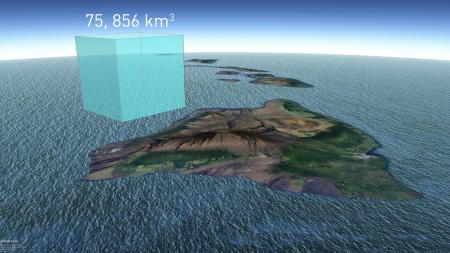 Sketch showing the total volume of sea level rise 1880-2009 compared to the volume of Hawaii