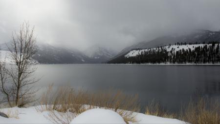 Snow storm moving across Wallowa Lake, Oregon