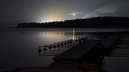 Snowfall at night over Brofjorden and Preemraff oil refinery 2