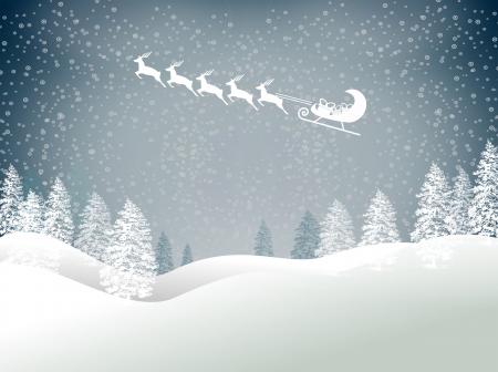 Snowy Christmas landscape with Santas sled and reindeer