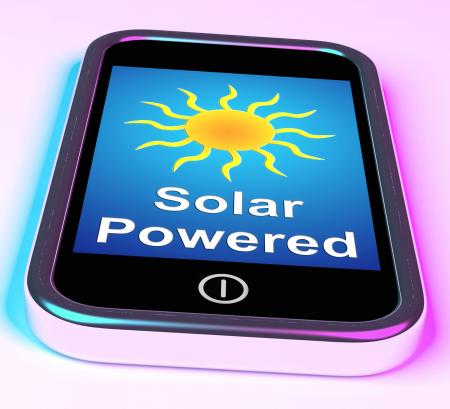 Solar Powered On Phone Shows Alternative Energy And Sunlight