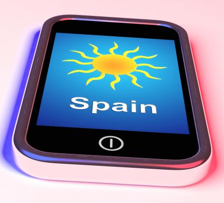 Spain On Phone Means Holidays And Sunny Weather