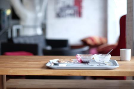 Stainless Steel Tray on Brown Wooden Table
