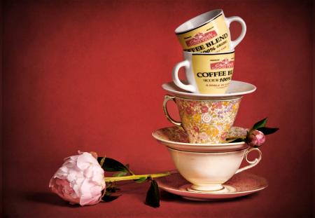 Still life with tea cups and flowers