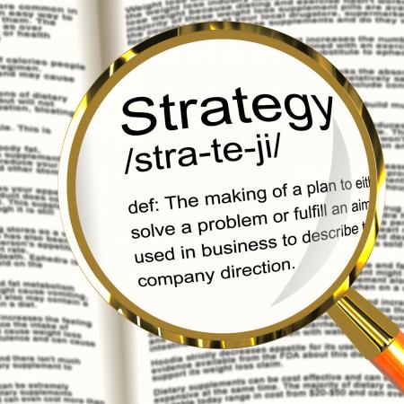 Strategy Definition Magnifier Showing Planning Organization And Leader