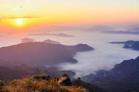 Sun Rise With Mountain and Green Grass