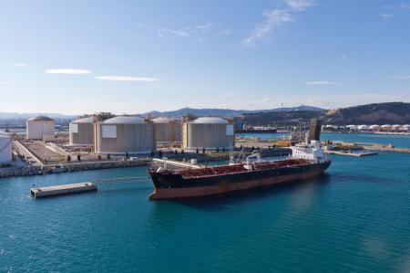 Tanker at oil storage terminal