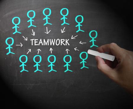 Teamwork Stick Figures Shows Working As A Team