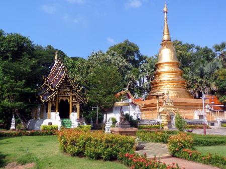 Thai Buddhist temple gardens and pagoda