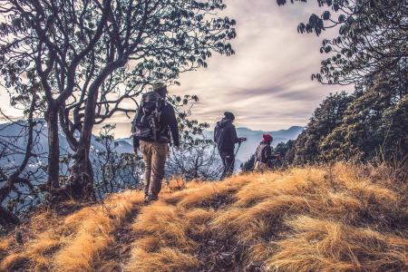 Three People Hiking on High Mountain