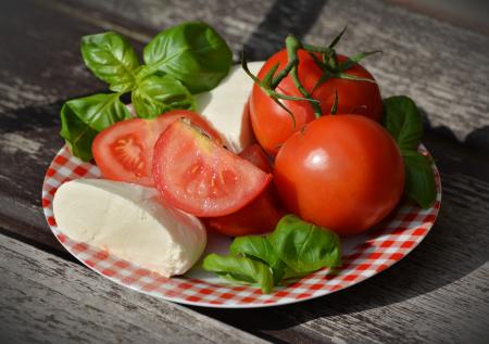 Tomatoes and Cheese on Red Plate