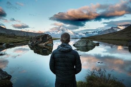 Tourist looking at mountains