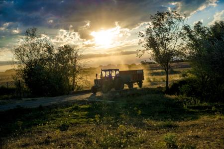 Tractor With Trailer Under Cloudy Skies during Day