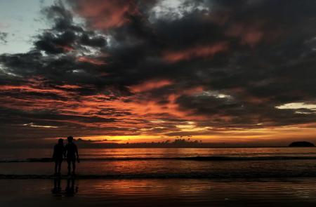 Two Person Standing on Beach Silhouette Photo