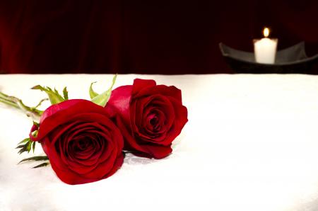 Two red roses and a candle on the background