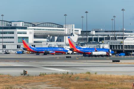 Two Southwest Airlines planes in front of San Francisco International Airport (SFO)