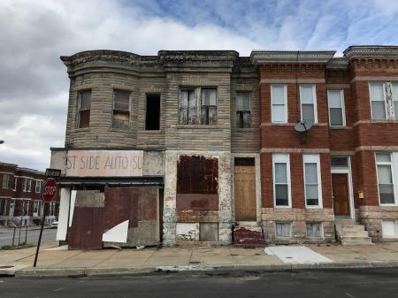 Vacant rowhouse and corner store, 1836–1840 W. Lanvale Street, Baltimore, MD 21217