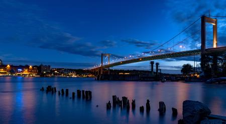 View of Body of Water Below City Suspension Bridge