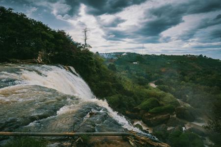 Waterfalls Beside Green High Trees Under White Sky at Daytime