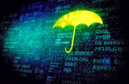 Web and cyber security concept with umbrella on data screen