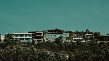 White and Gray Concrete Buildings With Green Trees Under Green Sky