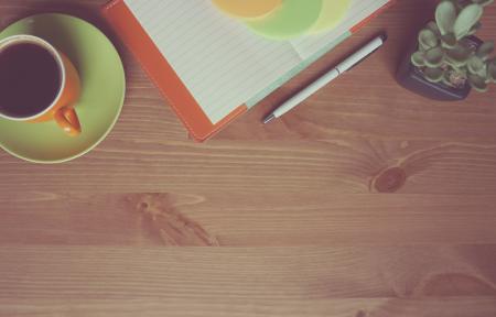 White and Gray Pen Beside Succulent Flower and White Line Paper Near Orange Ceramic Mug With Black Coffee