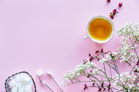 White and Purple Flowers With White Tea Cup Containing Yellow Liquid