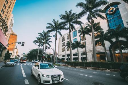 White Audi Sedan on Gray Concrete Road Near Green Trees Surround by Concrete Buildings