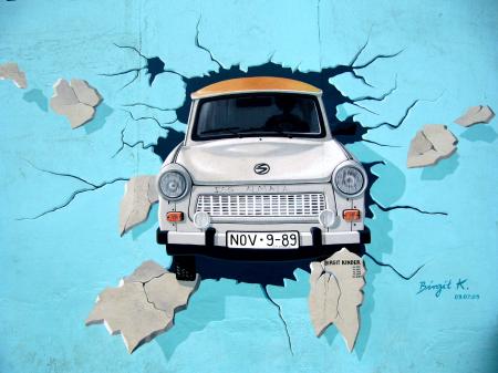 White Car Crash in Blue Wall Signature Painting