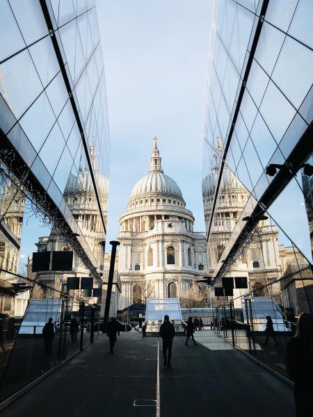 White Dome Cathedral in Between Curtain Wall Building at Daytime