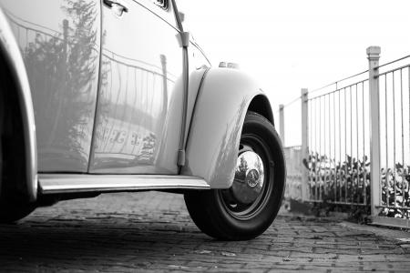 White Volkswagen Beetle Near White Metal Fence