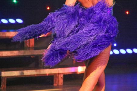 Woman dancer wearing purple feather dress