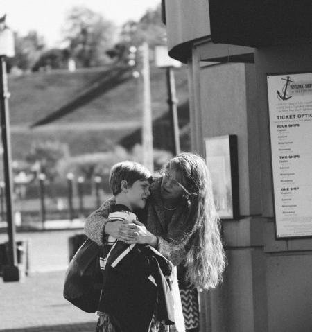 Woman Holding Boy Gray Scale Shot