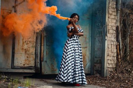 Woman in Black and White Chevron Maxi Dress Outdoor