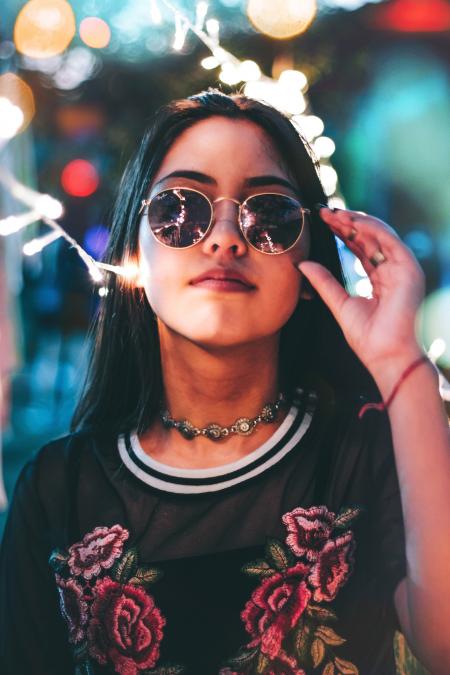 Woman in Black Crew-neck T-shirt and Hippie Sunglasses