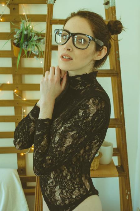 Woman in Black Floral Lace Long-sleeved Shirt