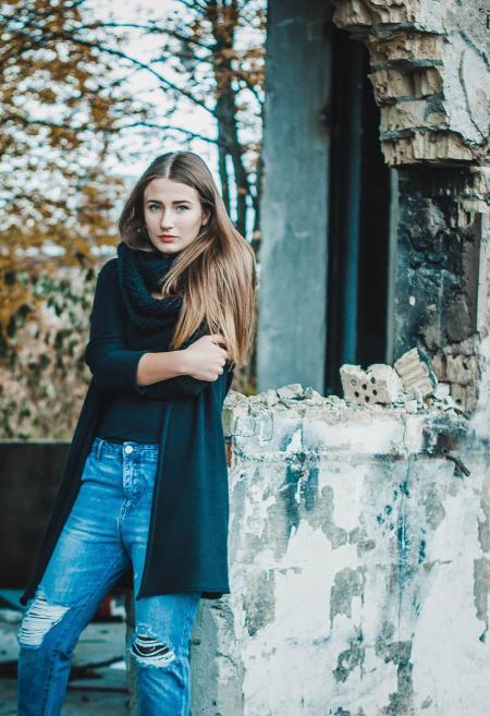 Woman in Black Scarf Cardigan and Shirt