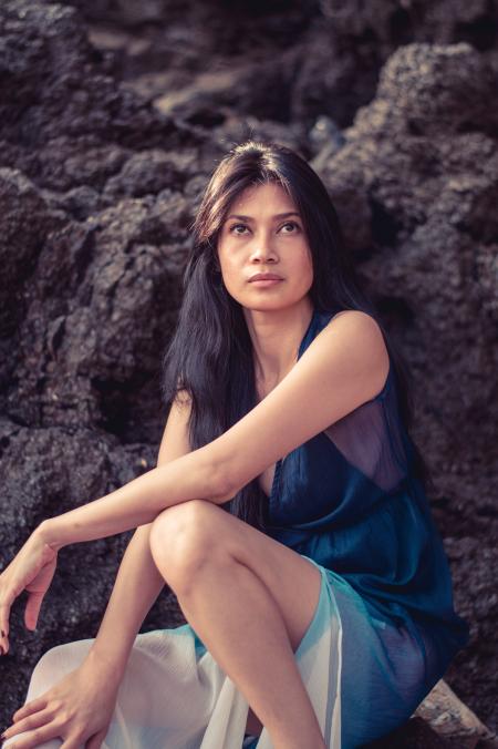 Woman in Blue and White V-neck Dress