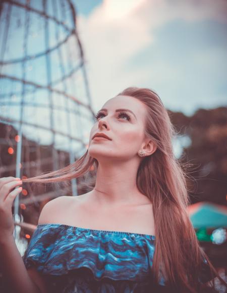 Woman in Blue Off-shoulder Printed Dress