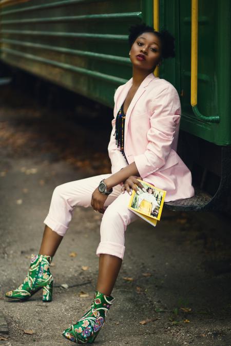 Woman in Pink 2-piece Dress Suit