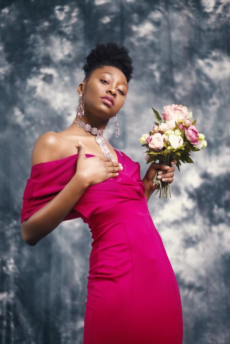 Woman in Pink Off-shoulder Dress Holding Pink and White Flower Bouquet